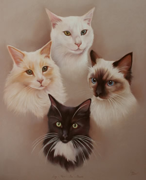 four cats together as a group portrait in pastels